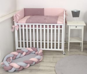 Set lenjerie din bumbac cu protectie laterala pentru pat bebelusi Butterfly Pink 120 x 60 cm - imagine 2