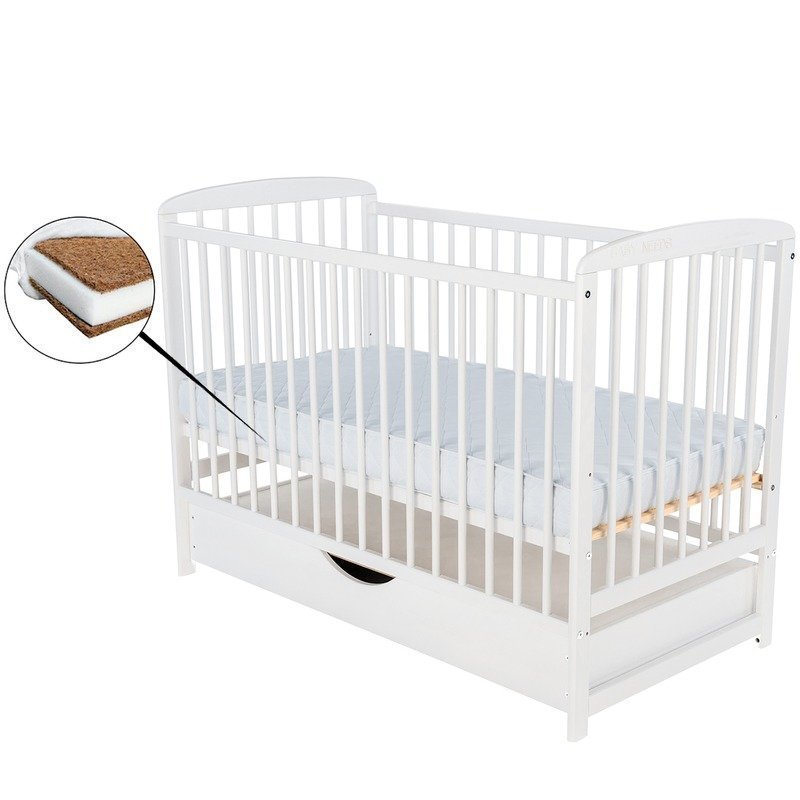 BabyNeeds - Patut din lemn cu sertar Ola 120x60 cm Alb + Saltea 12 cm 1 BabyNeeds - Patut din lemn cu sertar Ola 120x60 cm Alb + Saltea 12 cm