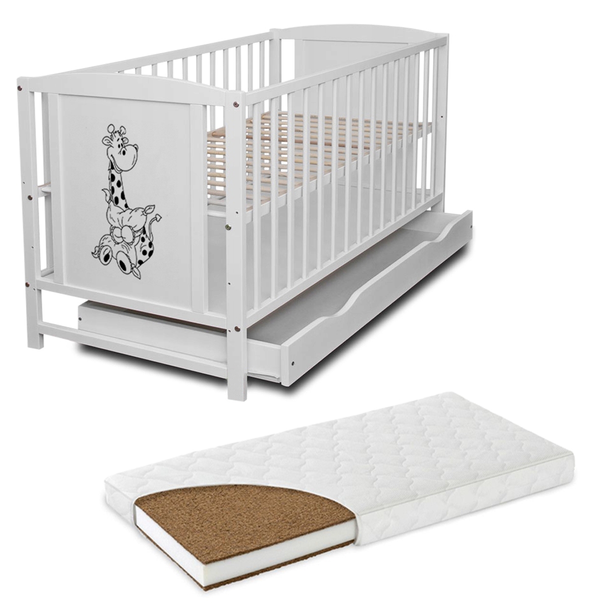 Patut din lemn masiv 120x60 cm Bria alb cu sertar, roti si saltea 12 cm 1 Patut din lemn masiv 120x60 cm Bria alb cu sertar, roti si saltea 12 cm