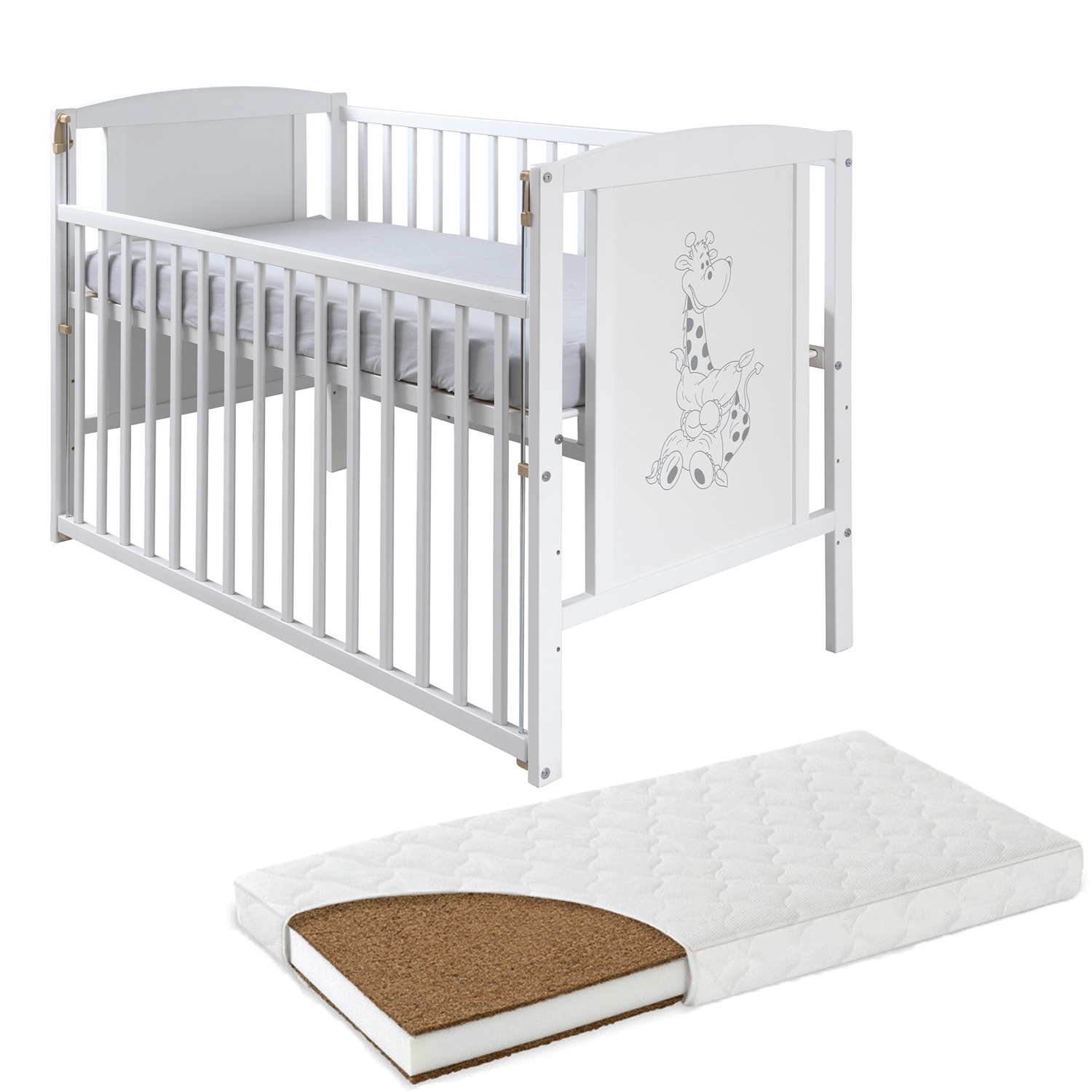 Patut din lemn masiv 120x60 cm Bria alb cu laterala culisanta si saltea 10 cm 1 Patut din lemn masiv 120x60 cm Bria alb cu laterala culisanta si saltea 10 cm