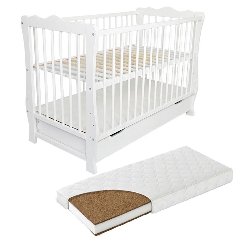 Patut din lemn masiv 120x60 cm Isla alb cu sertar si roti cu saltea de 12 cm 1 Patut din lemn masiv 120x60 cm Isla alb cu sertar si roti cu saltea de 12 cm