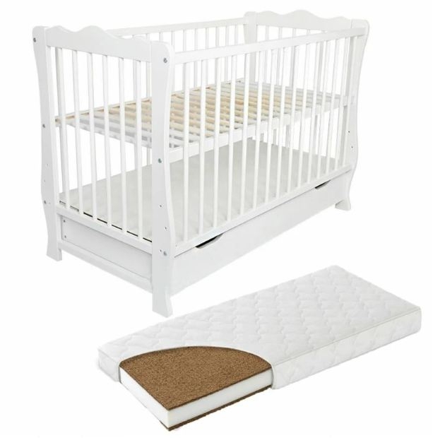 Patut din lemn masiv 120x60 cm Isla alb cu sertar si bariera cu saltea de 8 cm 1 Patut din lemn masiv 120x60 cm Isla alb cu sertar si bariera cu saltea de 8 cm