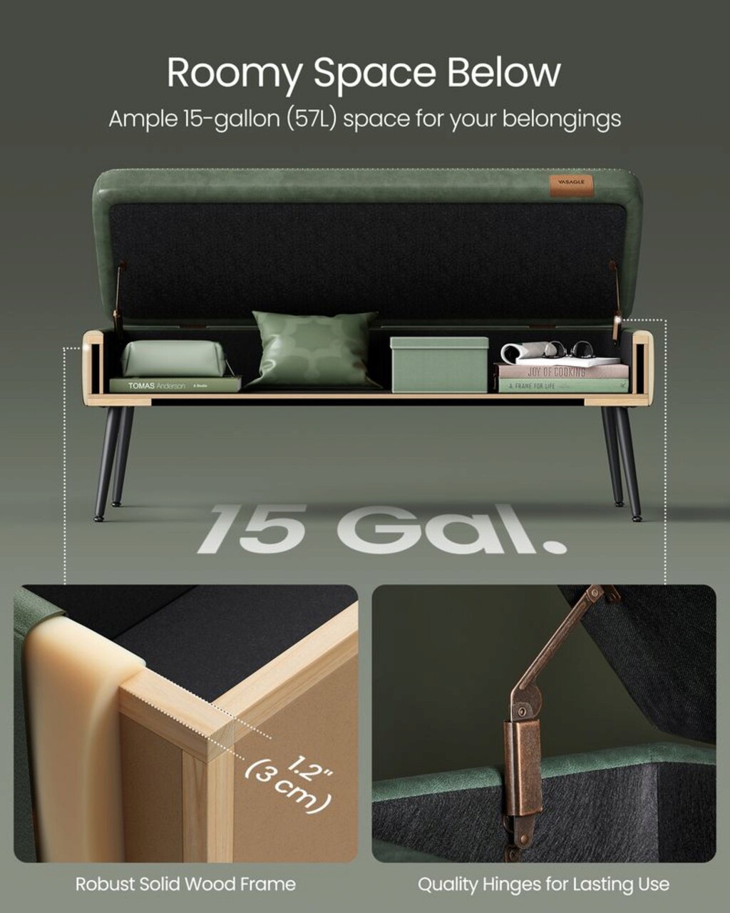 Bancheta cu spatiu de depozitare Ekho, Vasagle, max 300 kg, 120 x 40 x 45 cm, piele ecologica/otel, verde padure 2 l bancheta cu spatiu de depozitare ekho vasagle max 300 kg 120 x 40 x 45 cm piele ecologicaotel verde padure 1.jpg