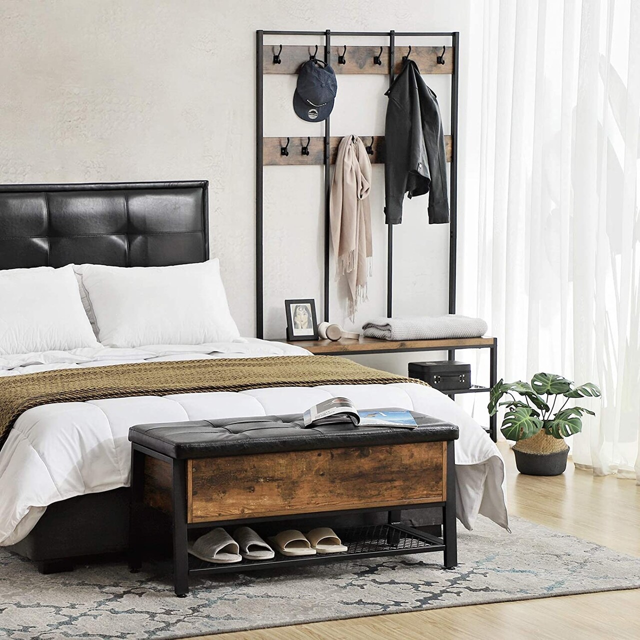 Bancheta cu spatiu depozitare si pantofar Vasagle, sezut din piele ecologica, 100 x 40 x 47 cm, maro 3 l bancheta cu spatiu depozitare si pantofar vasagle sezut din piele ecologica 100 x 40 x 47 cm maro 2.jpg