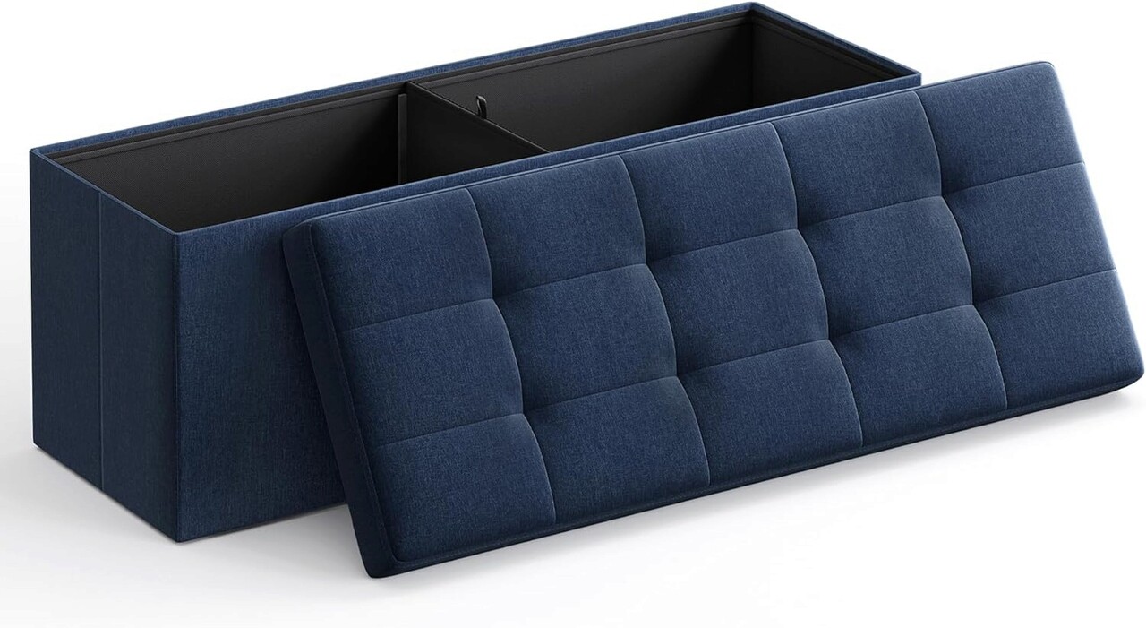 Bancheta cu spatiu pentru depozitare Ottoman Classic, Vasagle, 110 x 38 x 38 cm, pliabila, imitatie in/MDF, albastru 3 l bancheta cu spatiu pentru depozitare ottoman classic vasagle 110 x 38 x 38 cm pliabila imitatie inmdf albastru 2.jpg