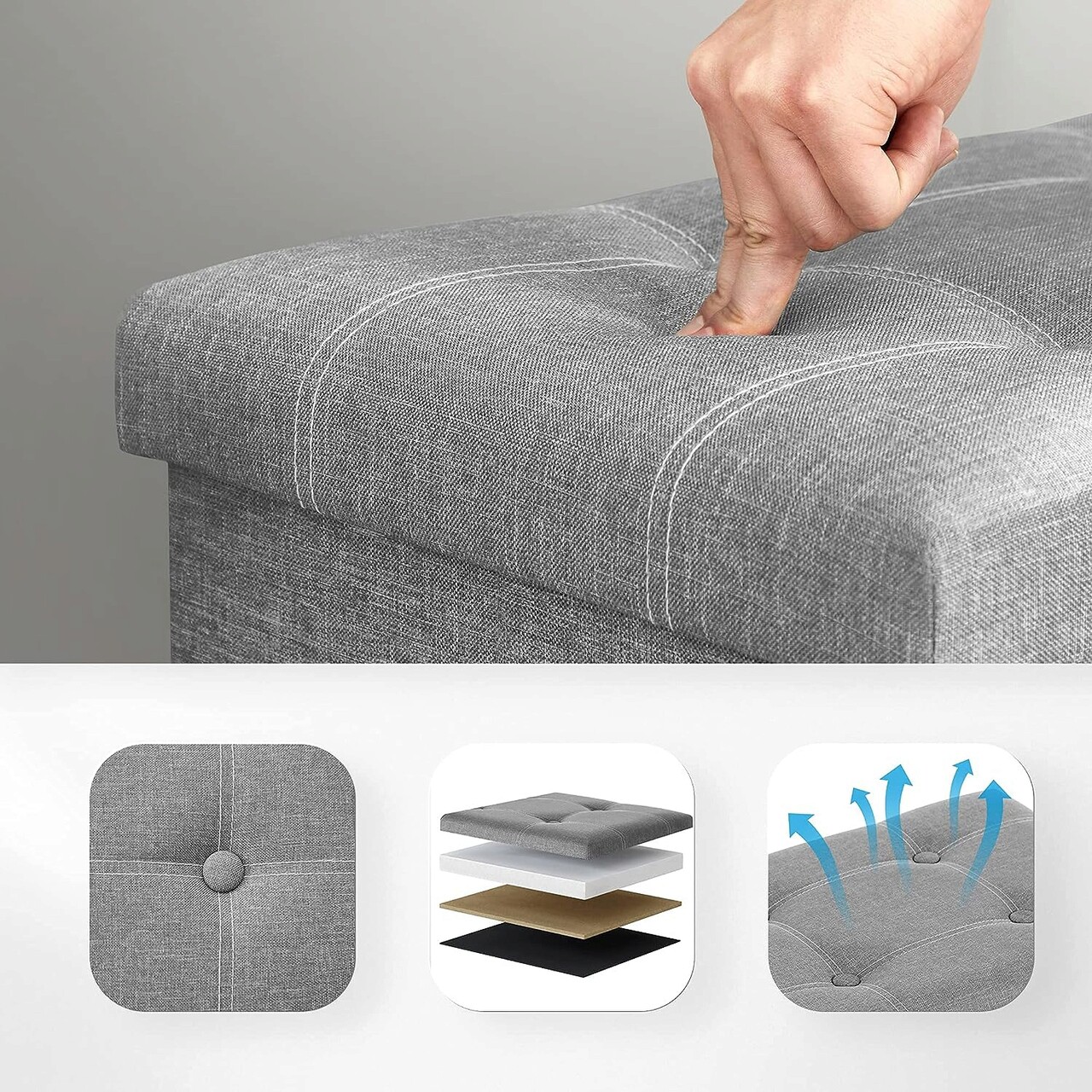 Bancheta cu spatiu pentru depozitare Vasagle, 76 x 38 x 38 cm, pliabila, imitatie in/MDF, gri deschis 6 l bancheta cu spatiu pentru depozitare vasagle 76 x 38 x 38 cm pliabila imitatie inmdf gri deschis 5.jpg