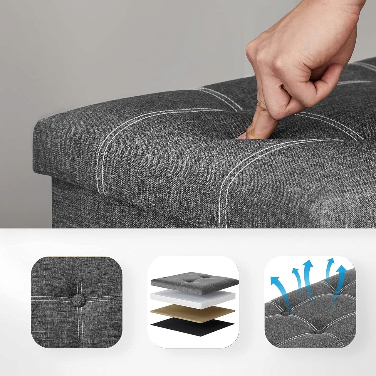 Bancheta cu spatiu pentru depozitare Vasagle, 76 x 38 x 38 cm, pliabila, imitatie in/MDF, gri inchis 7 l bancheta cu spatiu pentru depozitare vasagle 76 x 38 x 38 cm pliabila imitatie inmdf gri inchis 6.jpg