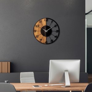 Ceas de perete, Linear, Lemn/metal, Dimensiune: 56 x 3 x 56 cm, Nuc / Negru - imagine 4