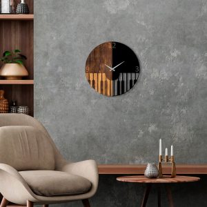 Ceas de perete, Piano, Lemn/metal, Dimensiune: 56 x 3 x 56 cm, Nuc / Negru - imagine 2