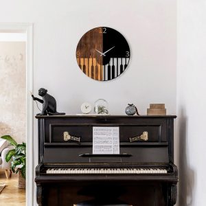Ceas de perete, Piano, Lemn/metal, Dimensiune: 56 x 3 x 56 cm, Nuc / Negru - imagine 3