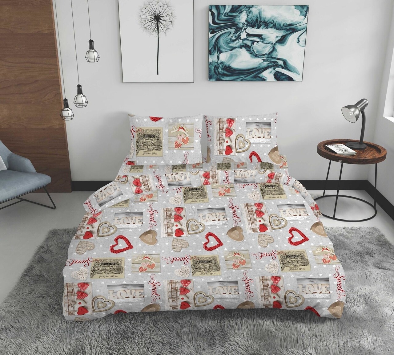 Lenjerie de pat dubla Sweet Love, Bedora, 4 piese, 200x220, 100% bumbac, multicolor 1 l lenjerie de pat dubla sweet love bedora 4 piese 200x220 bumbac ranforce multicolor.jpg