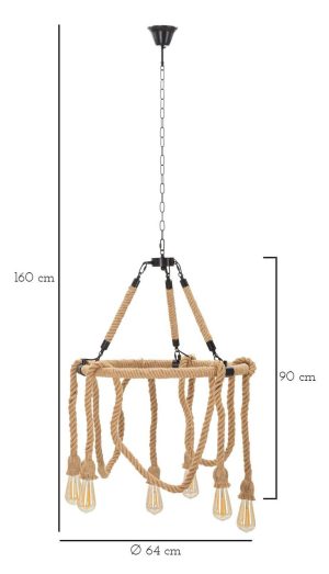 Lustra Rope Circle, Mauro Ferretti, Ø64 x 90 cm, 6 x E27, 20W, fier/sfoara, maro/negru - imagine 9