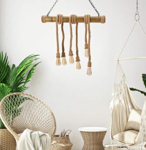 Lustra Rope, Mauro Ferretti, 80 x 15 x 120 cm, 6 x E27, 20W, bambus/sfoara, maro - imagine 7