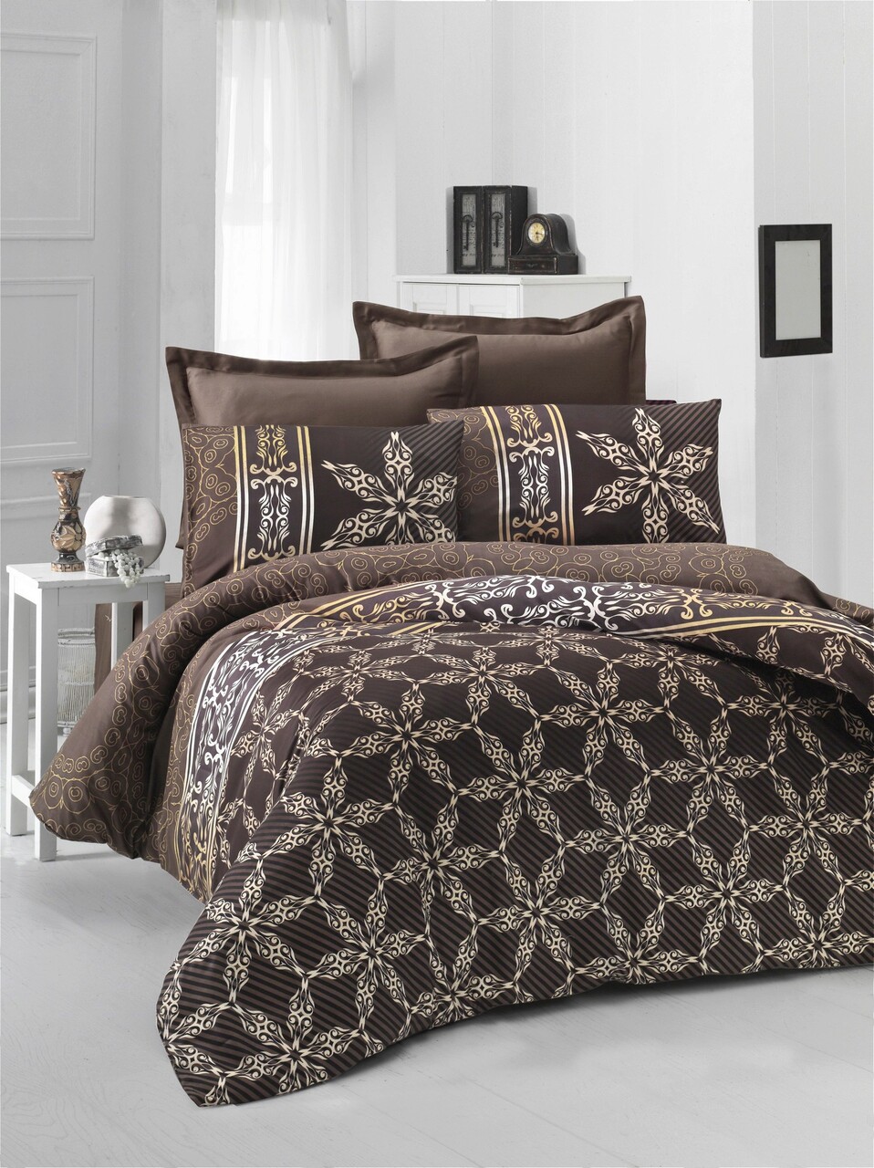 Lenjerie de pat pentru o persoana Single XL (DE), Alisa - Brown, Victoria, Bumbac Satinat 1 l set husa de pilota satin single xl de alisa victoria 100 bumbac satin.jpg