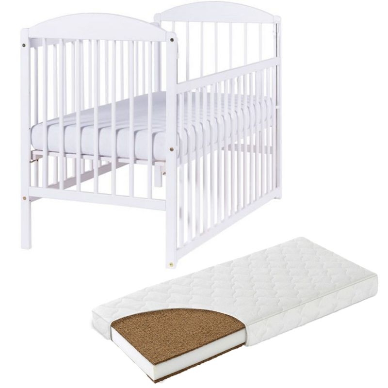 Patut din lemn masiv 120x60 cm Orella alb cu laterala culisanta si roti cu saltea de 12 cm 1 Patut din lemn masiv 120x60 cm Orella alb cu laterala culisanta si roti cu saltea de 12 cm