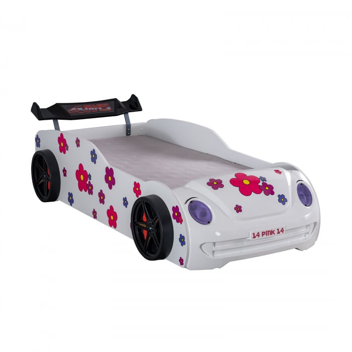 Pat pentru copii masina VOSVOS ECO, cu faruri, lumini led, alb, 90x190 cm 1 Pat pentru copii masina VOSVOS ECO, cu faruri, lumini led, alb, 90x190 cm