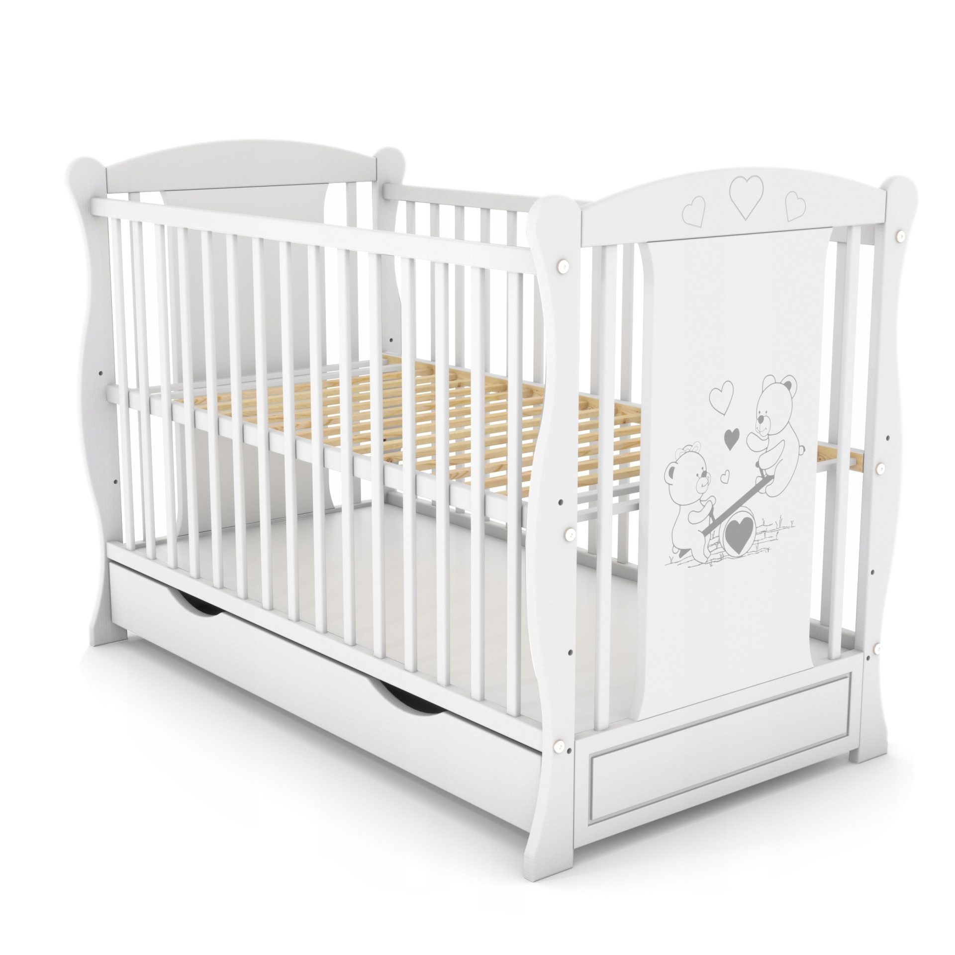 Patut din lemn masiv 2 in 1 Maya alb cu sertar si roti cu saltea de 12 cm 1 Patut din lemn masiv 2 in 1 Maya alb cu sertar si roti cu saltea de 12 cm