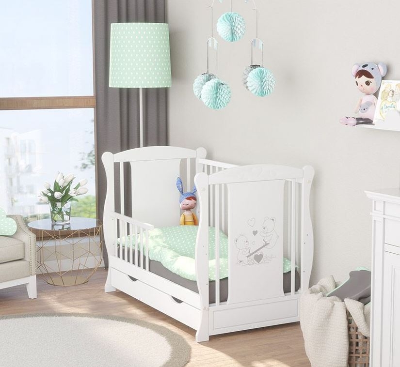 Patut din lemn masiv 2 in 1 Maya alb cu sertar si bariera cu saltea de 12 cm 1 Patut din lemn masiv 2 in 1 Maya alb cu sertar si bariera cu saltea de 12 cm