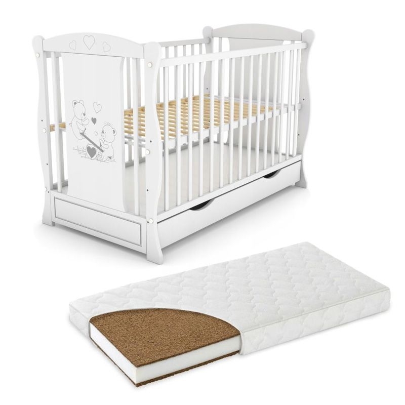 Patut din lemn masiv 2 in 1 Maya alb cu sertar si bariera cu saltea de 8 cm 1 Patut din lemn masiv 2 in 1 Maya alb cu sertar si bariera cu saltea de 8 cm