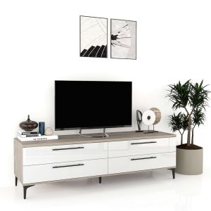 Comoda TV CUBO B180 4 sertare Oak Alb Gloss.jpg