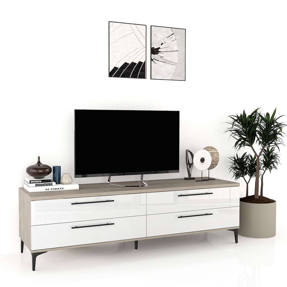 Comoda TV CUBO 180, 4 sertare, Italian, Oak, Alb Gloss 1 Comoda TV CUBO B180 4 sertare Oak Alb Gloss.jpg