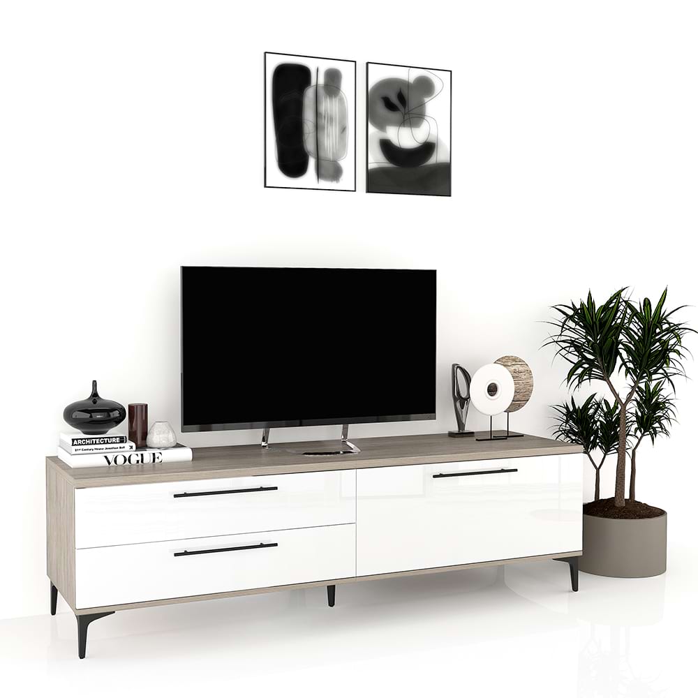 Comoda TV CUBO 180, 1U2S, Italian, Oak, Alb Gloss 1 Comoda TV CUBO B180 Oak Alb Gloss.jpg