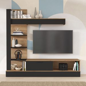 Ansamblu comoda TV Dranko negru stejar melaminat 205x41.5x192 cm - imagine 2