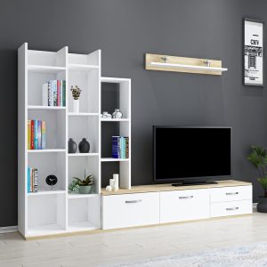 Comoda TV Leman, Pako World, Stejar-Alb, 240x35x154 cm - imagine 2