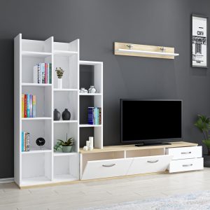 Comoda TV Leman, Pako World, Stejar-Alb, 240x35x154 cm - imagine 3