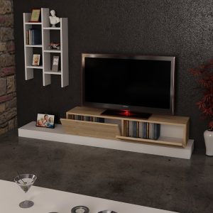 Comoda TV Rumba, Pako World, Stejar-Alb, 180x30x31 cm - imagine 3
