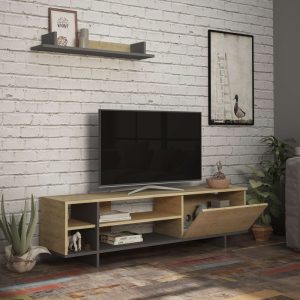 Comoda TV Saloon, Pako World, Gri-Stejar, 160x35x44 cm - imagine 3
