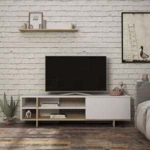 Comoda TV Saloon, Pako World, Stejar-Alb, 160x35x44 cm - imagine 2
