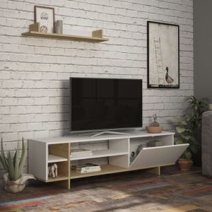 Comoda TV Saloon, Pako World, Stejar-Alb, 160x35x44 cm - imagine 3