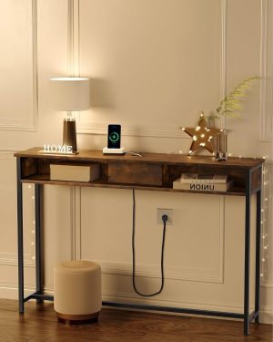 Consola cu cu priza si USB Slim, Vasagle, 120x25x81 cm, PAL/otel, maro - imagine 2
