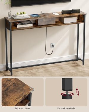 Consola cu cu priza si USB Slim, Vasagle, 120x25x81 cm, PAL/otel, maro - imagine 3