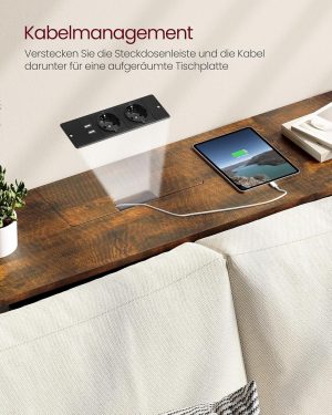 Consola cu cu priza si USB Slim, Vasagle, 120x25x81 cm, PAL/otel, maro - imagine 5