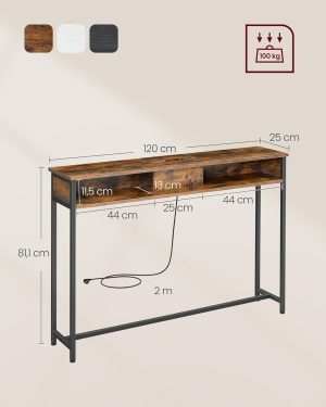 Consola cu cu priza si USB Slim, Vasagle, 120x25x81 cm, PAL/otel, maro - imagine 7