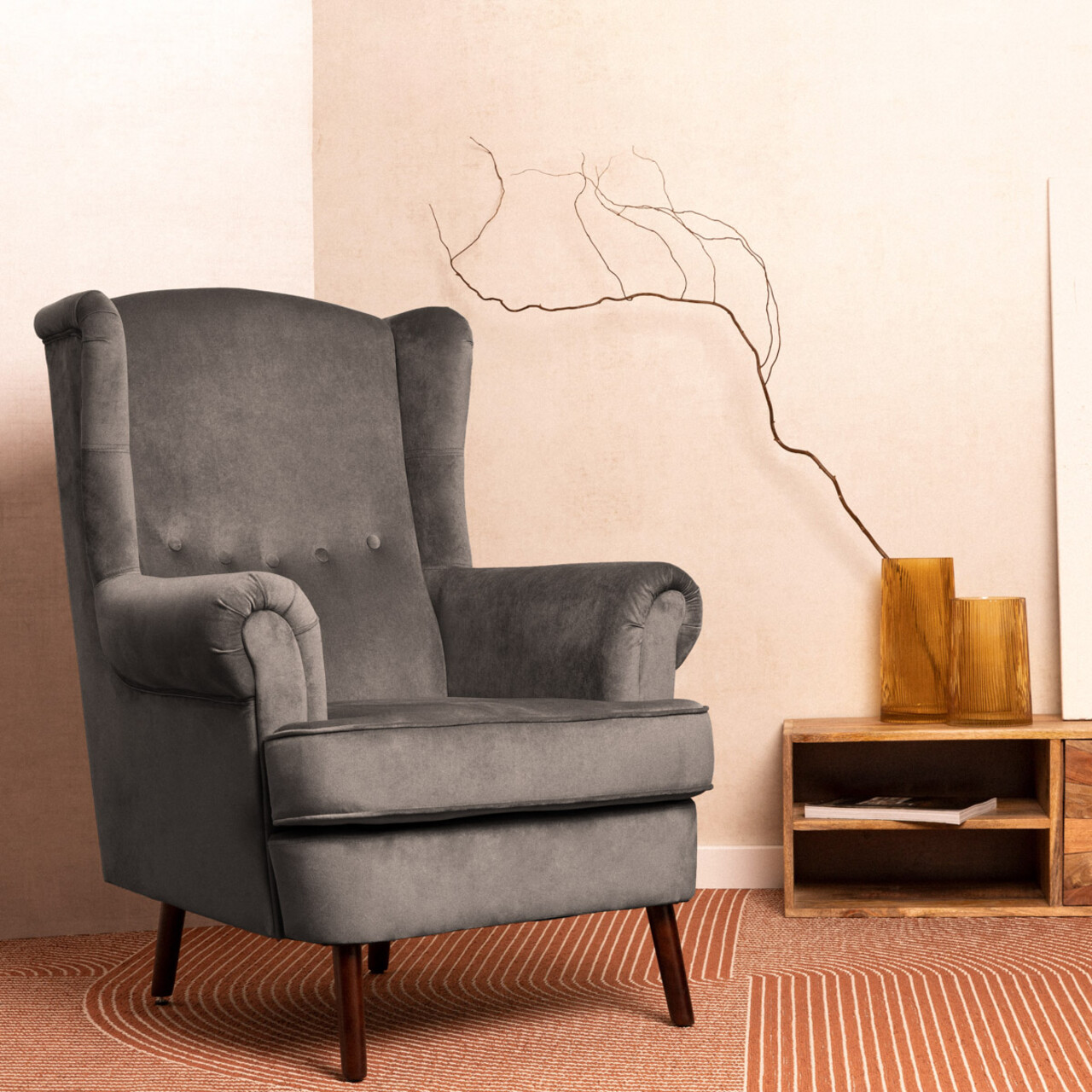 Fotoliu Fossby, Homla, 86x85x108 cm, lemn/catifea din poliester, gri 1 Fotoliu Fossby, Homla, 86x85x108 cm, lemn/catifea din poliester, gri