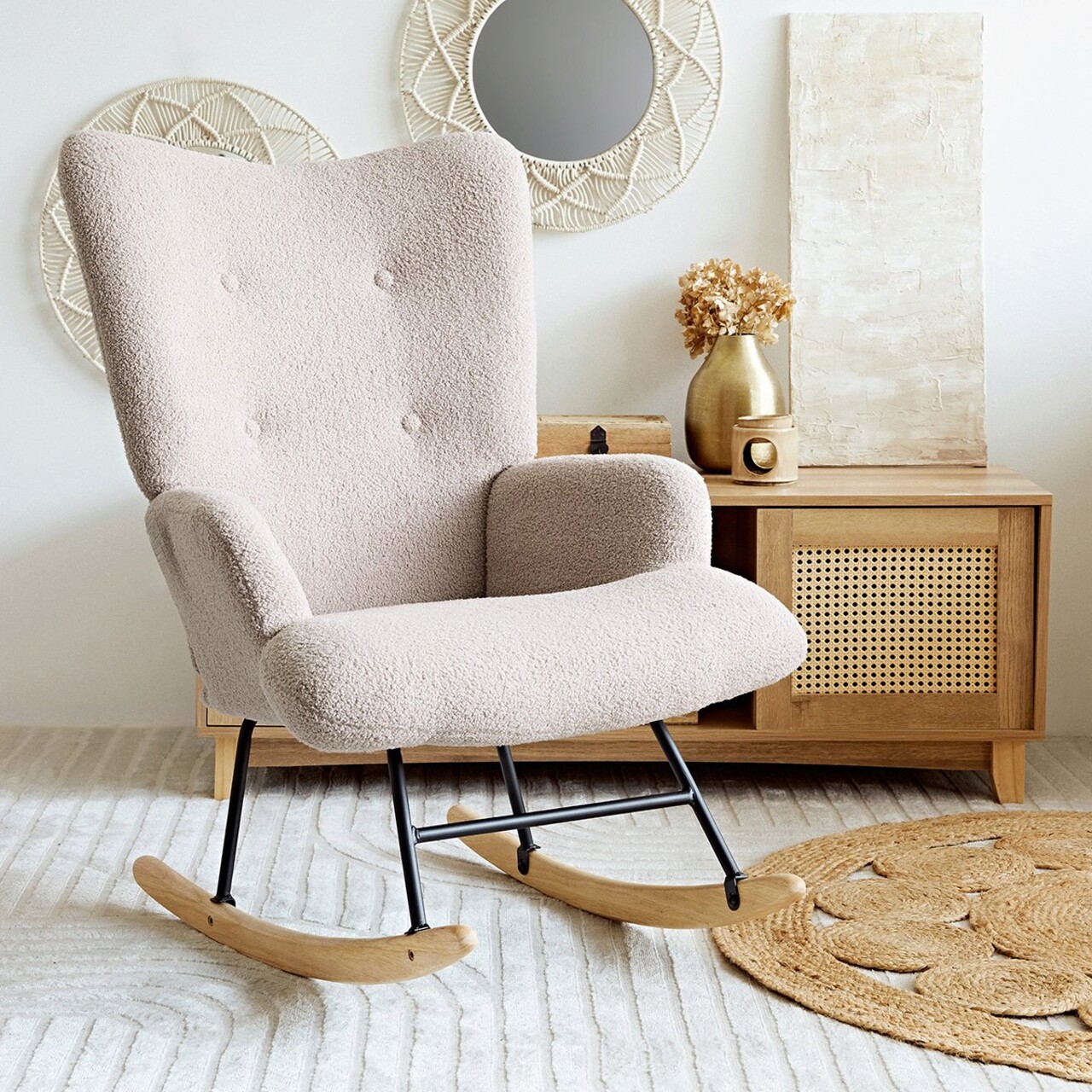 Fotoliu balansoar Moss Teddy Boucle, Homla, 76x64x93.5 cm, metal/poliester, bej 9 Fotoliu balansoar Moss Teddy Boucle, Homla, 76x64x93.5 cm, metal/poliester, bej - imagine 9